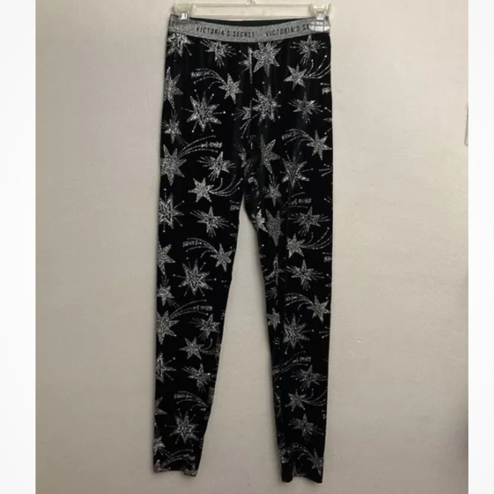 8-2 Victorias Secret Legging Pants Womens Small Glitter Velvet Stars Black